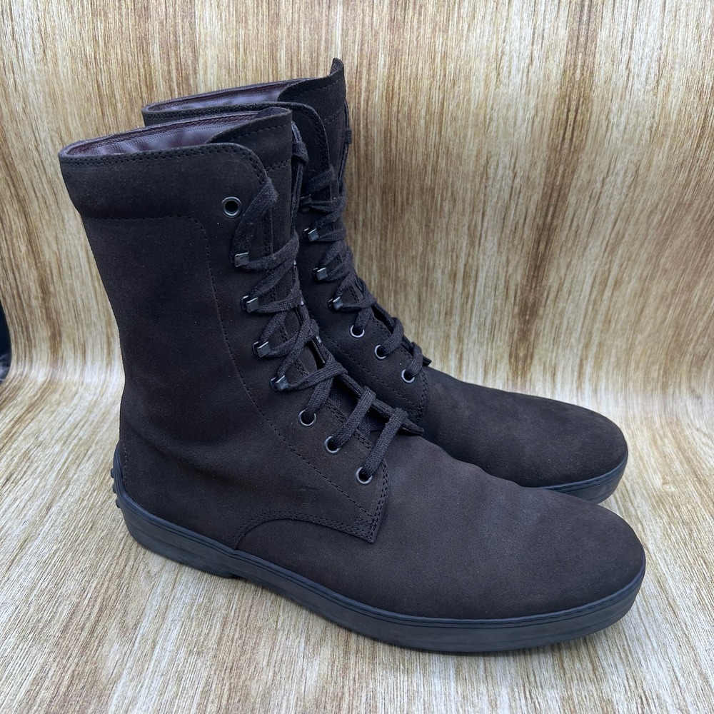 Tod's Combat Field Boots Men's Size 9 Dark Brown Suede Leather Lined Italy